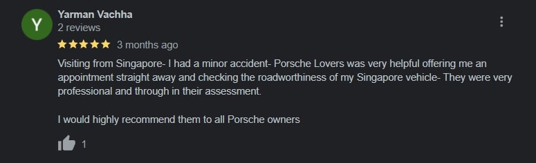 Customer from Singapore recommending ThePorscheLover to Porsche owners