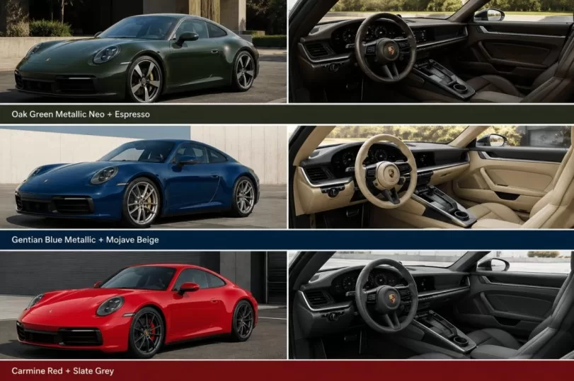 Porsche Exterior and Interior Colour Combinations, Oak Green Metallic Neo + Espresso, Carmine Red + Slate Grey, Gentian Blue Metallic + Mojave Beige.